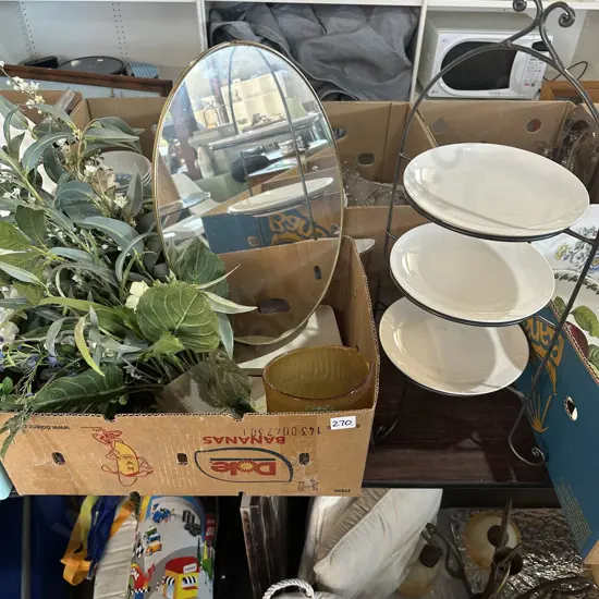 Mirror, High tea stand and artificial flowers etc.