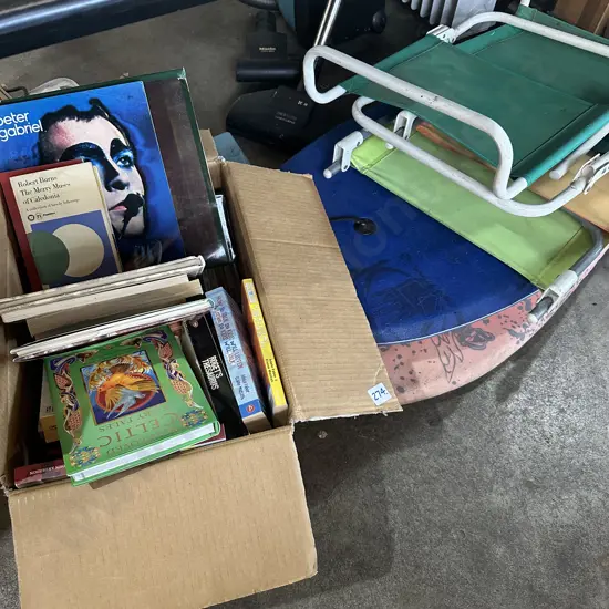 Bay lot of books, 3 boogie boards and 4 beech chairs.