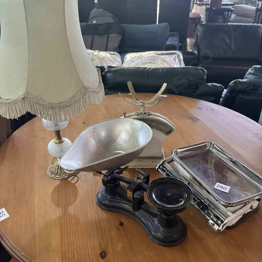 Assorted vintage scales and lamp. Image 1++