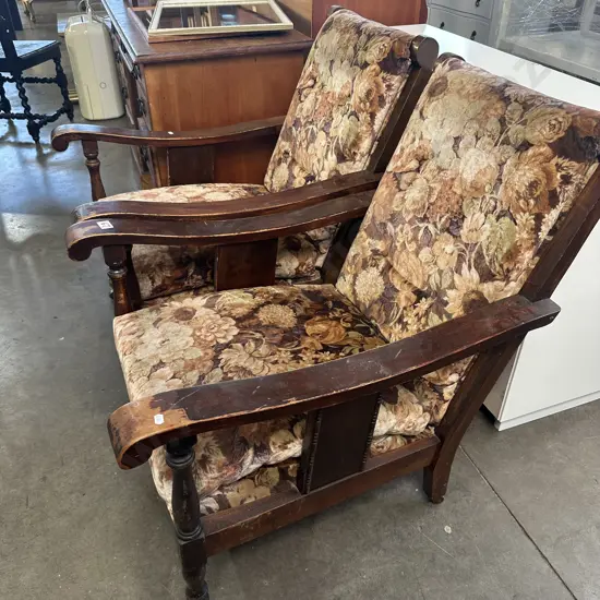 Pr of Morris style chairs on casters