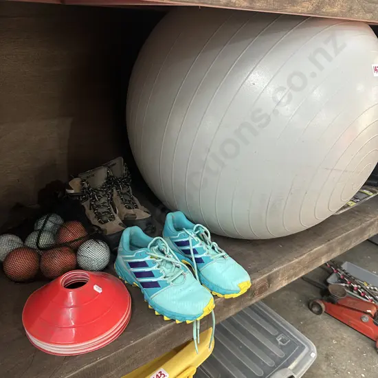 swiss ball, small hiking boots & sport shoes, balls and discs