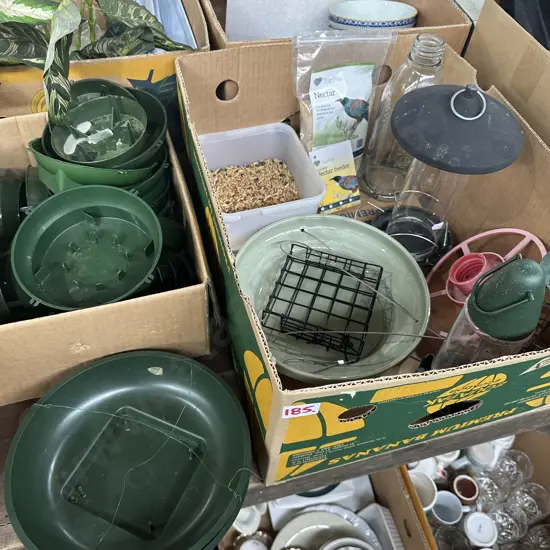 Two boxes bird feeders and nectar, planter trays