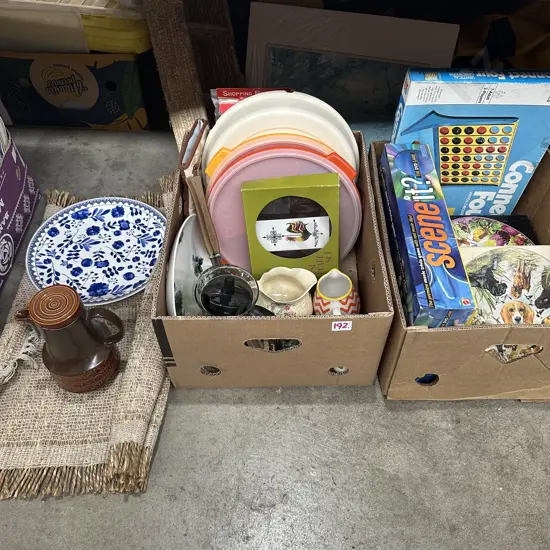 Two boxes Tupperware, beswick jug,  connect four and puzzles etc.