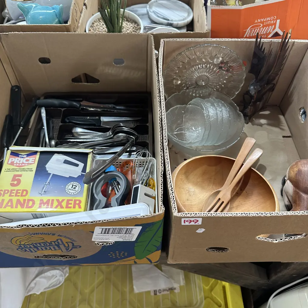 Two boxes Cutlery and utensils, hand mixer and wooden cat etc. Image 1++