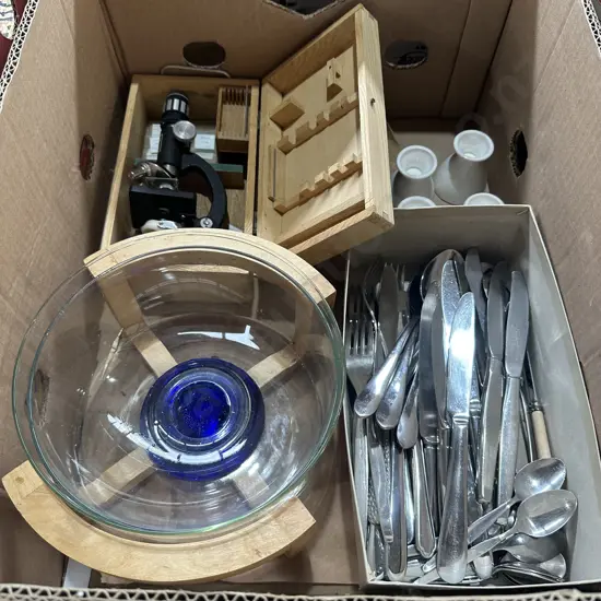Cutlery, bowls, microscope etc.