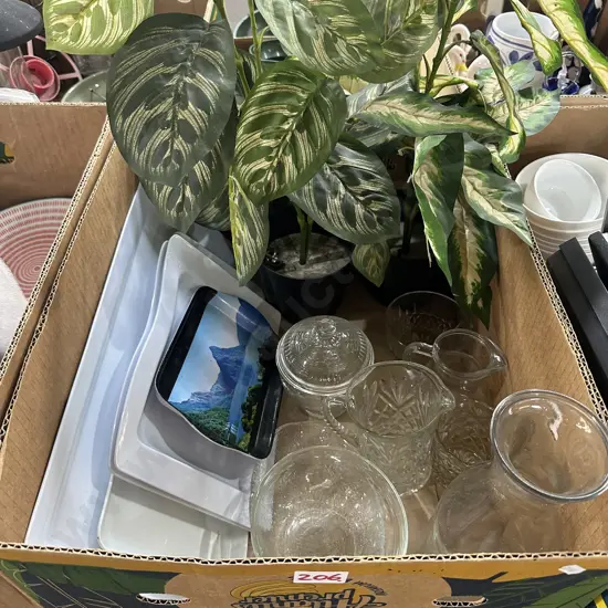 Artificial plants, plastic trays, glassware.