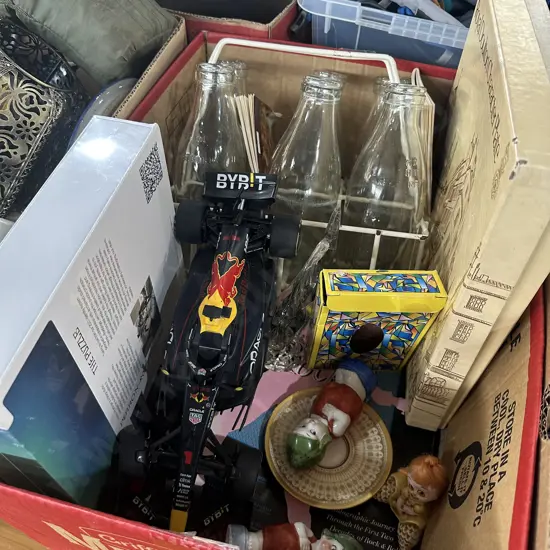 Milk bottles and carrier, Royal Doulton plate and race car etc.