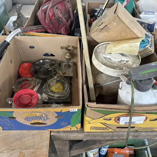 Two boxes gardening, ash trays, brassware etc.