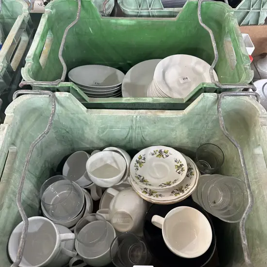 Two Bins of glasses, cups, plates, saucers including Queen Anne.