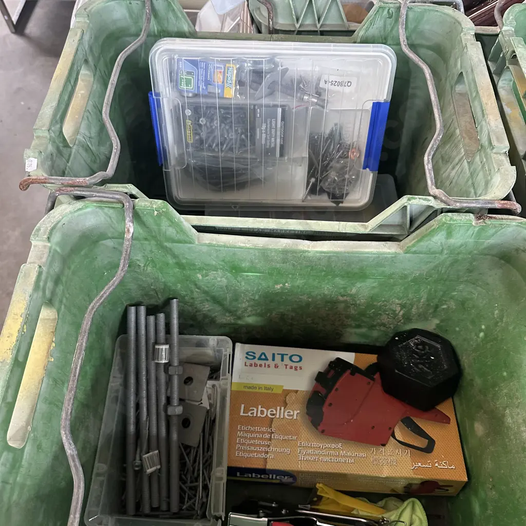 Two Apple crates including 2kg weight, stapler and labeller, parts containers and contents etc. Image 1++