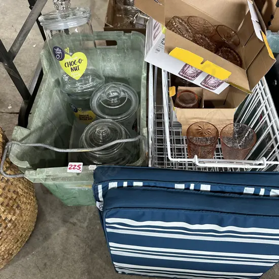 Apple crate, freezer baskets, 2 seat pads, glasses, cookie jars and drink dispenser.