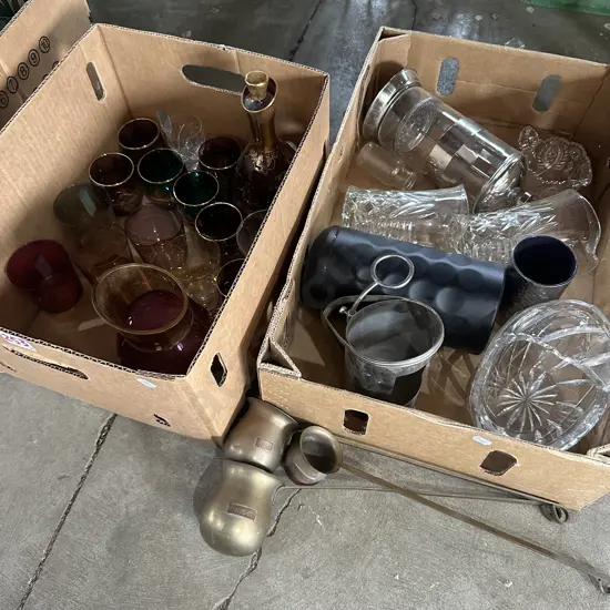 Brass whisky/rum/brandy measures, vintage jugs, perk, vases etc