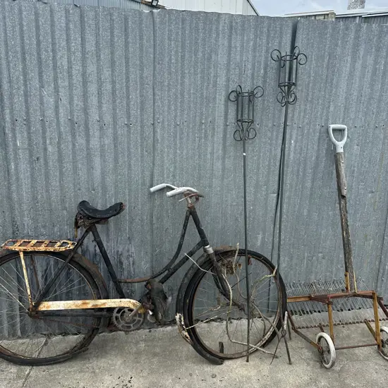 bike, candle holders and tiller