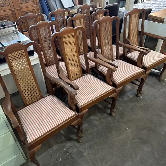 Queen Anne style chairs, 4 carvers & 6 dining (2 have lattice damage)