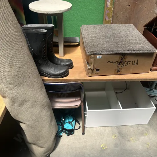 box new carpet squares, gumboots, stool etc