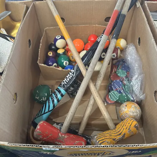 Early Croquet sticks, poker chips and pool balls etc.
