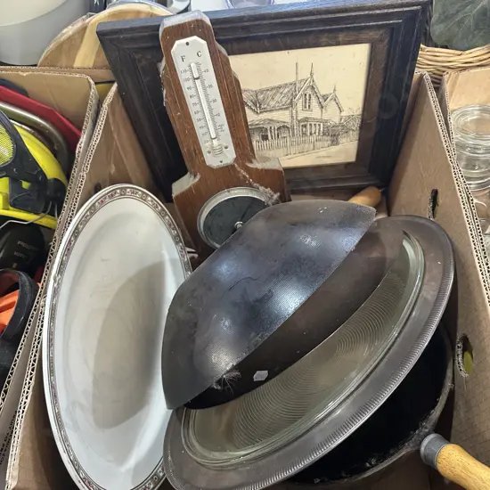 Barometer, cast iron pan, oak framed picture etc.