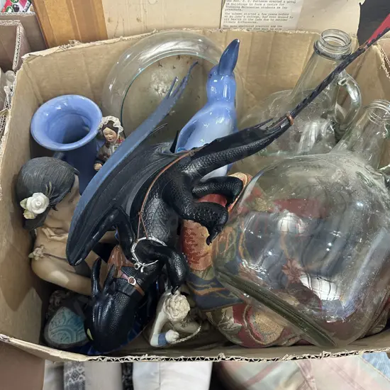 Glass bottles, vase etc.
