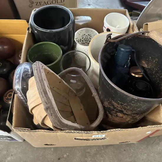 Metal bucket, umbrellas, vases and planters etc.