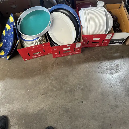 Four boxes plates, servers, boules etc.
