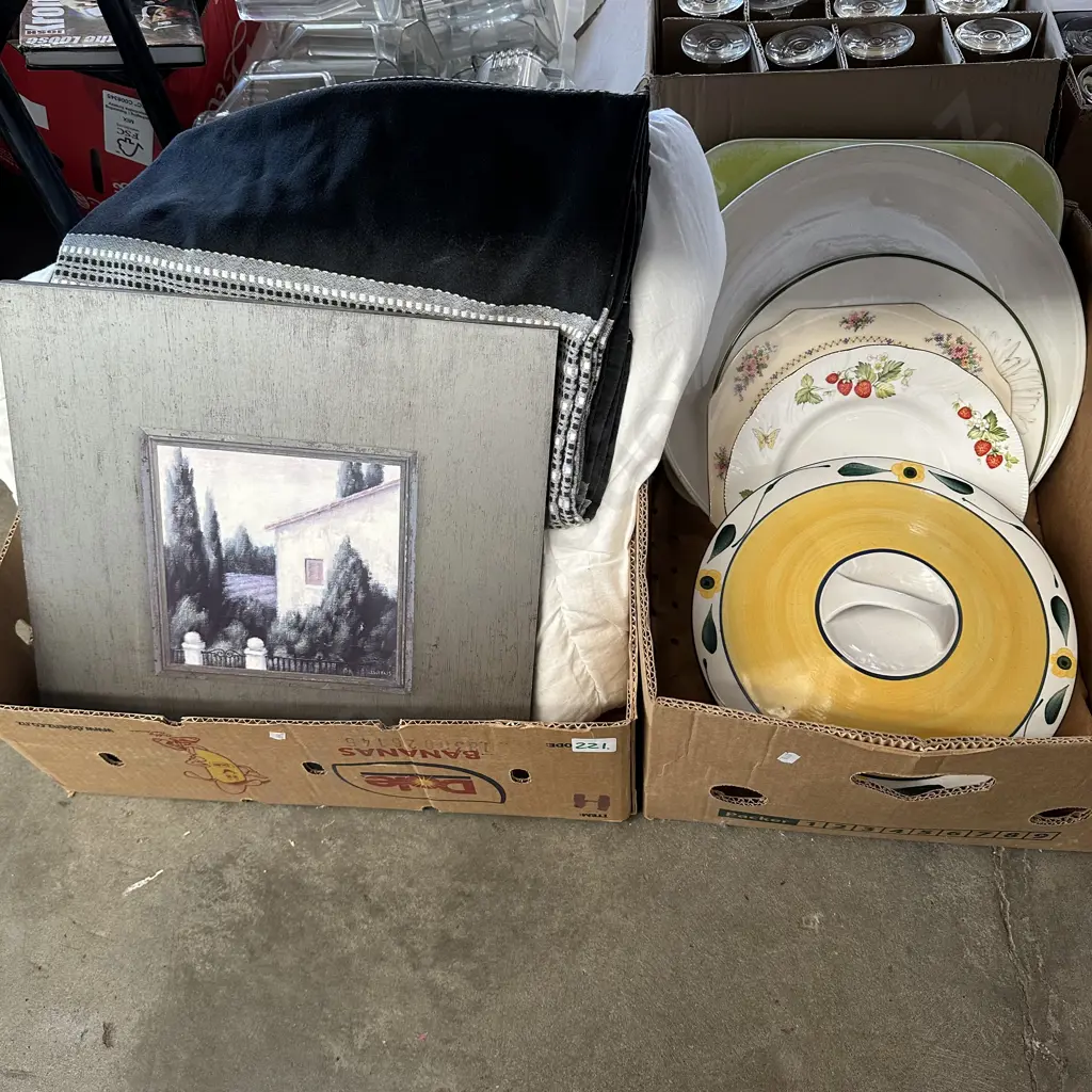 Two boxes Bedding, table cloth, Temuka lidded dish, picture etc. Image 1++