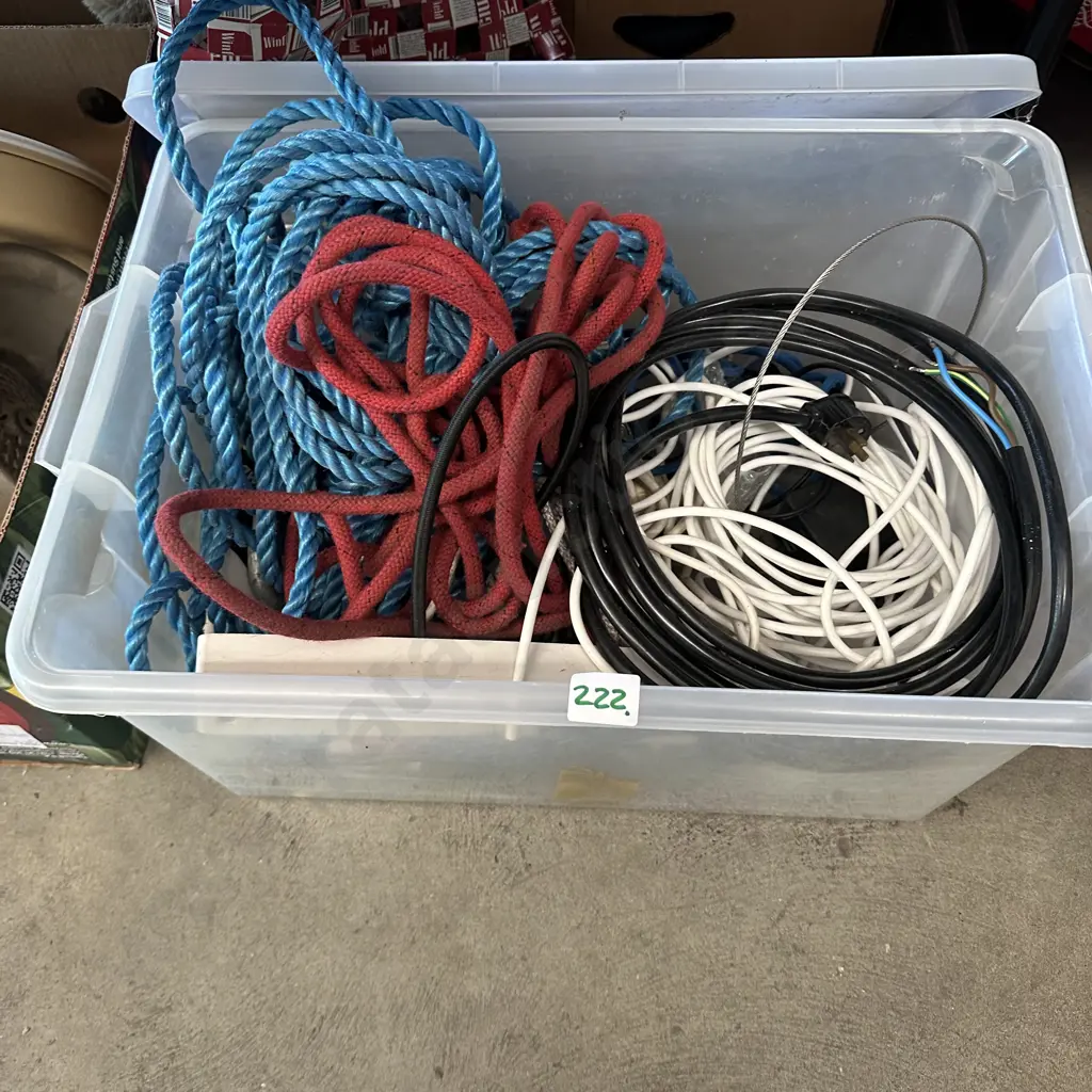 Lidded bin of rope, cables and plug adaptors etc. Image 1++