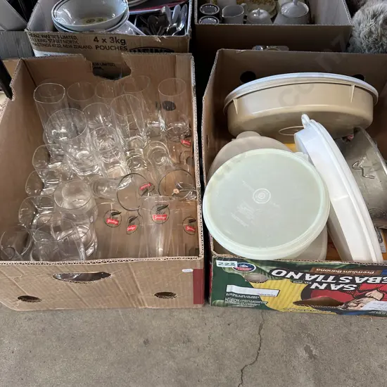 Two boxes tupperware, glasses etc.