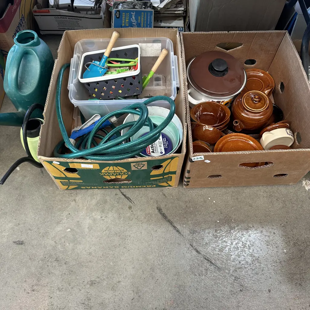 Two boxes of Dinnerware and gardening items Image 1++
