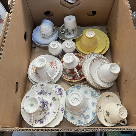 Box of english china cups plates and saucers.