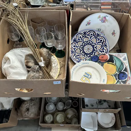 Two boxes plates, cups, decorations etc.