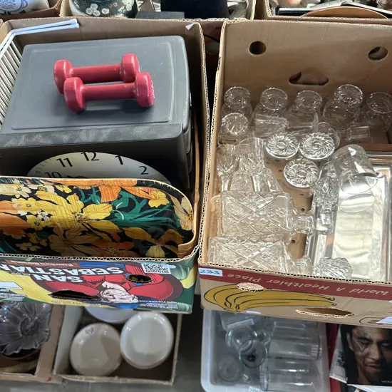 Two boxes Glasses and decanters, trays, hobby box and weights etc.