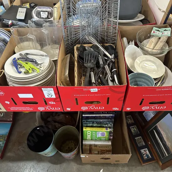 Three boxes plates, baskets, utensils etc.