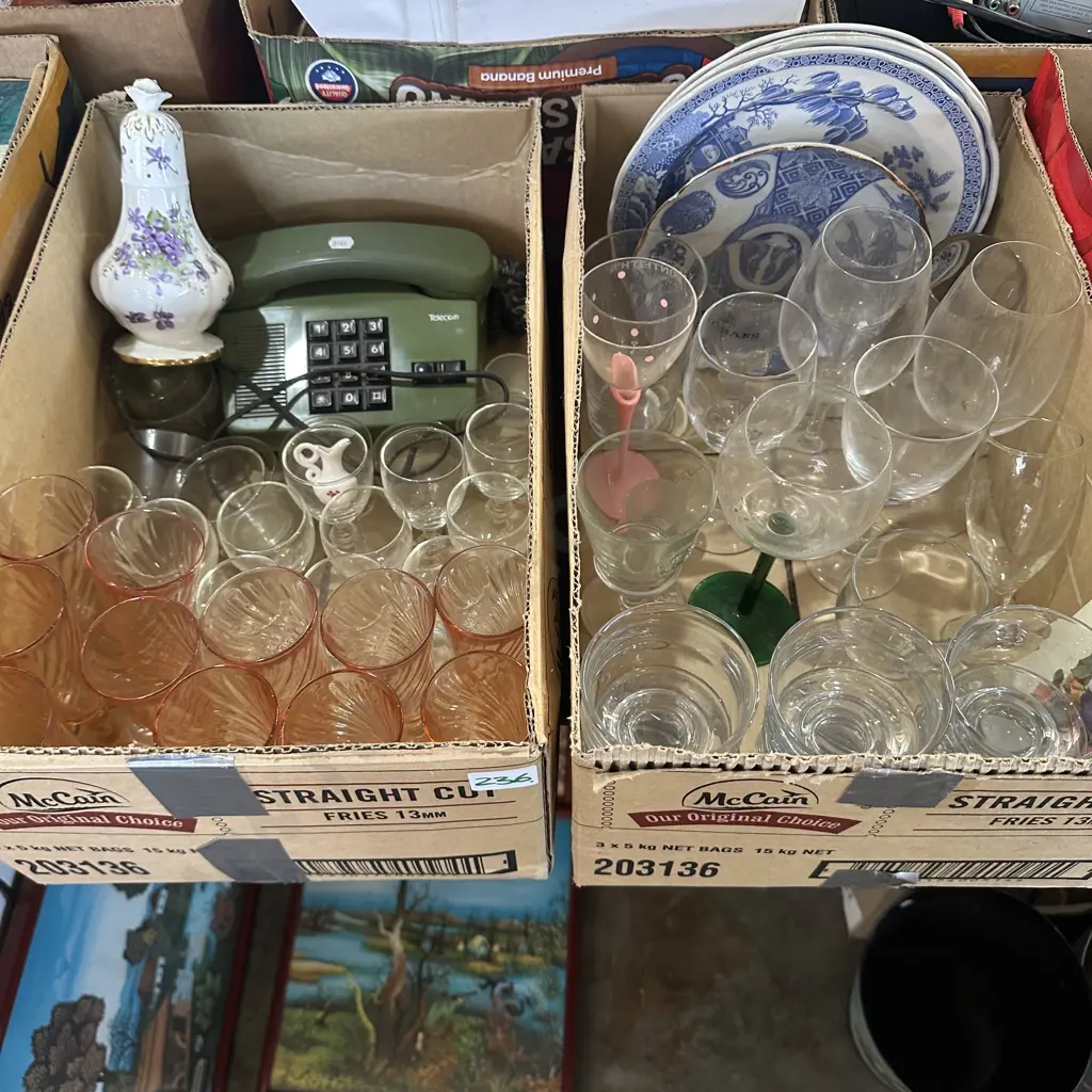 Two boxes plates, glasses, telephone etc. Image 1++