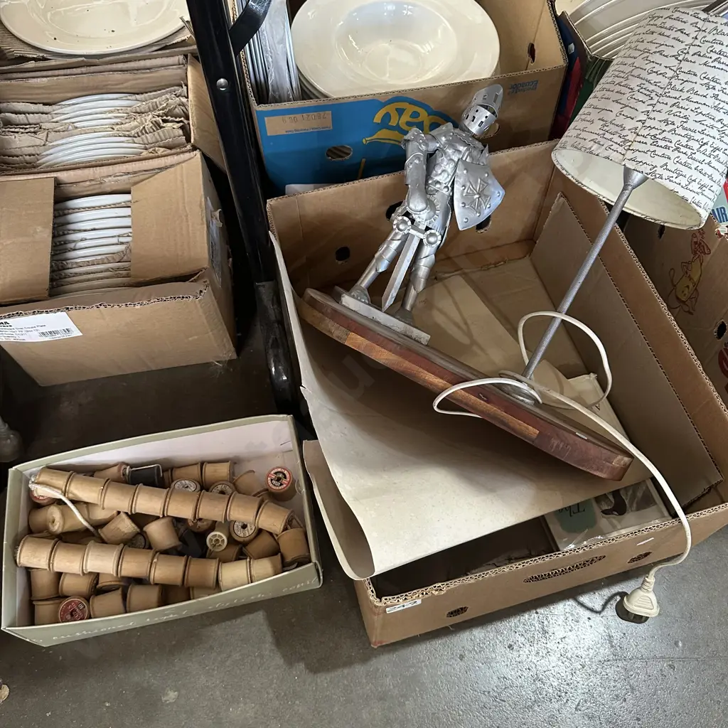 Lamp and vintage wooden cotton reels etc. Image 1++
