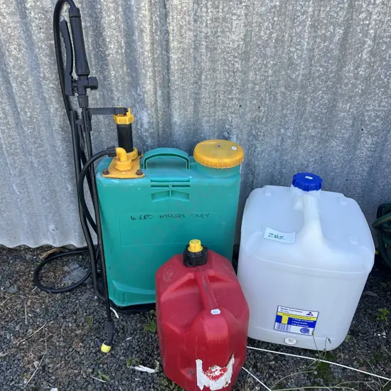 Sprayer, petrol and water containers.
