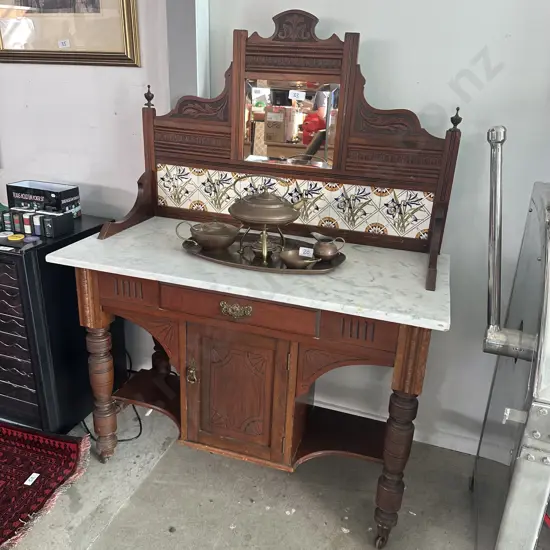 marble top , tile back colonial wash stand