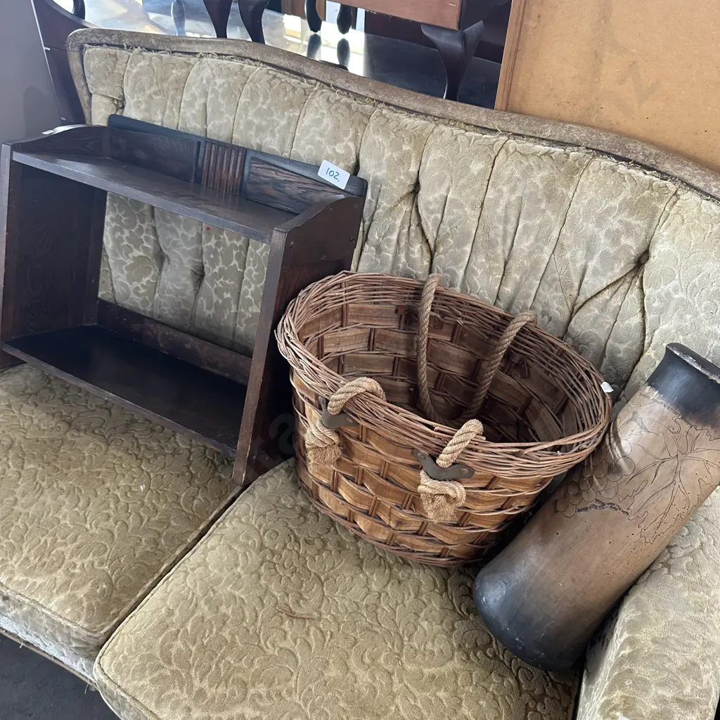 art deco shelf, rope handle basket plus wooden vase Image 1++