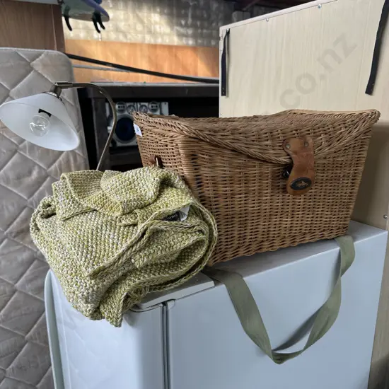 vintage picnic basket & rug,  plus a lamp