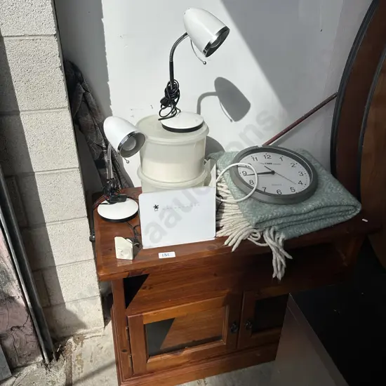 cabinet, clock, blanket, sugar and flour, pr lamps