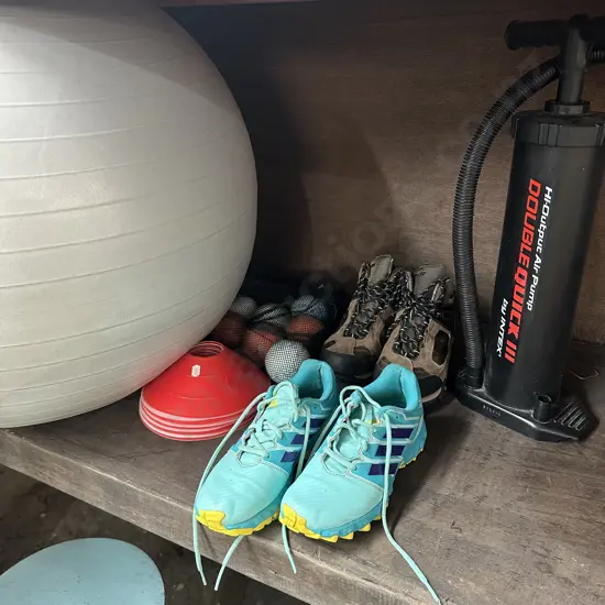 swiss ball ,pump, hockey shoes, discs and balls, hiking boots