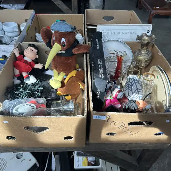 Two Boxes including Digital photo frame, brass vases, limoges etc.