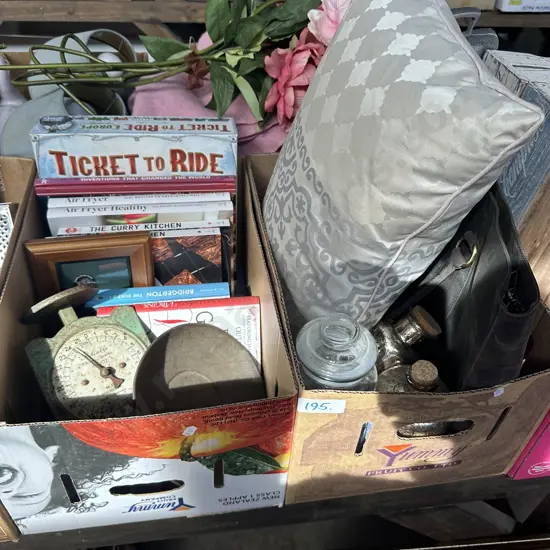 Two boxes Bag, cushion, books and scales etc.