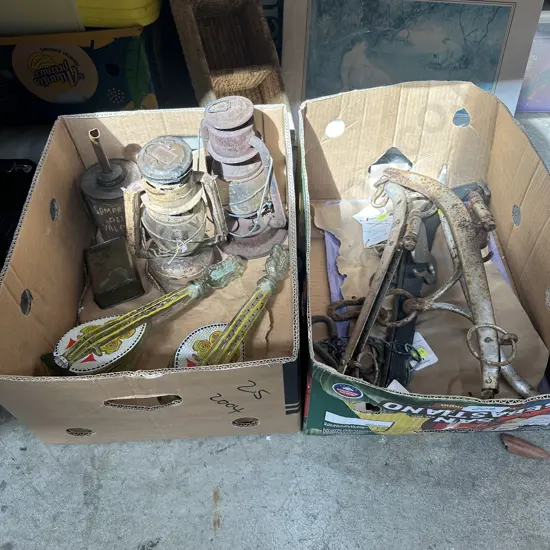 Two boxes lanterns, draught horse collar irons etc.