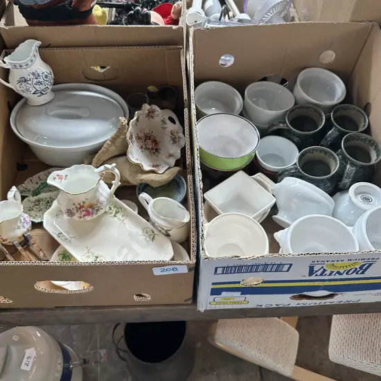 Two boxes english china, pottery, ramekins etc.
