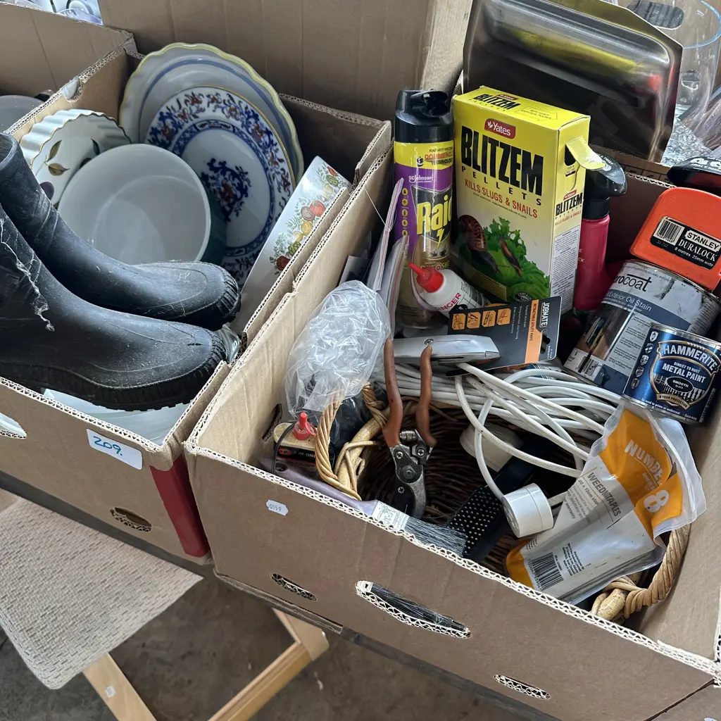 Two boxes baking dishes, charcoal stain, black metal paint etc. Image 1++