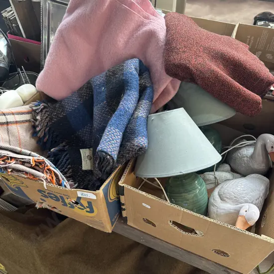 Two boxes four blankets, pair of lamps, pair of ducks and flowers.