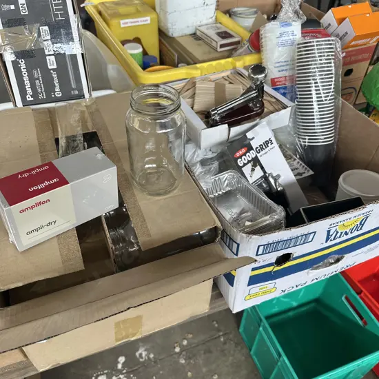 Two boxes plastic containers, coffee cups, ice block sticks and jars etc.