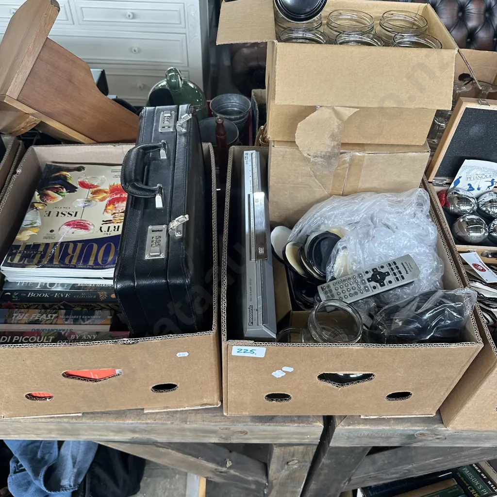 Two boxes books, briefcase, jars with lids etc. Image 1++