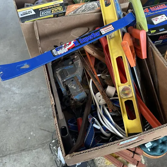 Box of tools including Record vice and XL superbar etc.