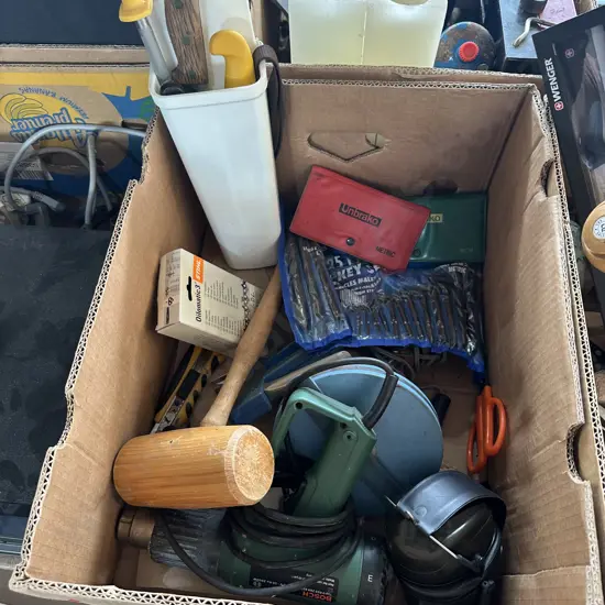 Box of tools and butchers knives etc.